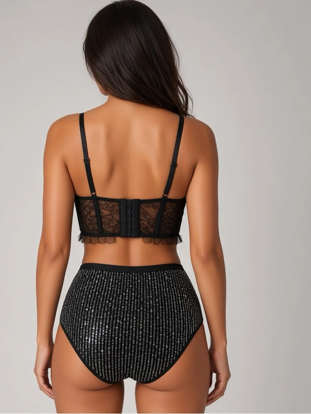 Wild Fable Black Sequin Lace Longline Bralette & High-Rise Hot Pants Set